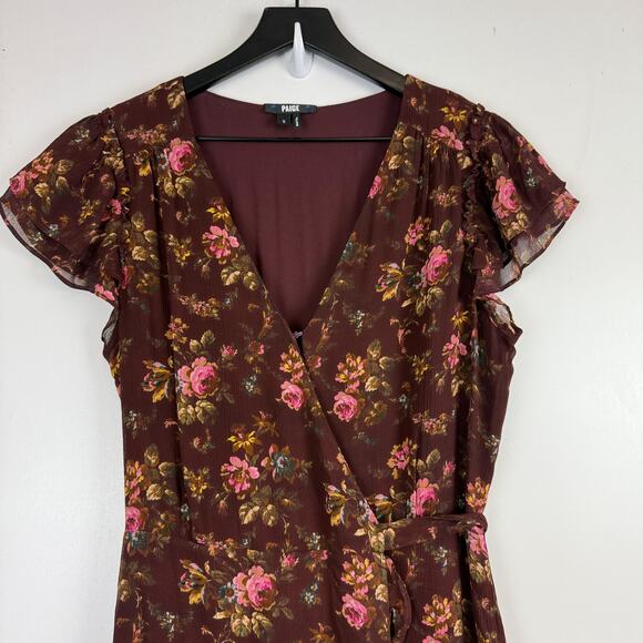 PAIGE Neroli Floral Print Silk Midi VNeck Dress Brown - S - Picture 2 of 9